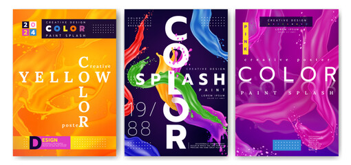 Poster art. Abstract black design, paint pink, splatter yellow, music liquid flyer, concept event graphic, style typography creative sound. Colorful realistic splashes and water drops. Vector fashion