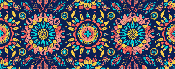 A mesmerizing blue background adorned with a plethora of colorful flowers and lush leaves, creating a whimsical and enchanting oasis of natural beauty. Banner. Copy space