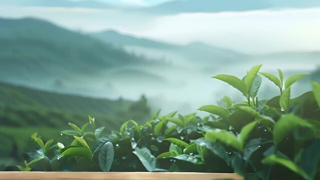 Tea leaves with dew drops on a tea plantation close-up on a foggy morning