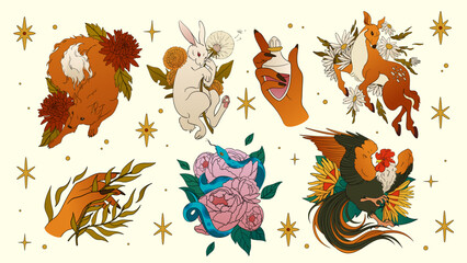 Mystic Boho. Animals and flowers. Esoteric celestial symbols. Bohemian tattoo. Hand with plant leaves. Magic alchemy print. Snake in peonies. Occult moon and stars. Wild deer. Vector art stickers set