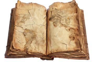 Ancient, weathered book with a world map showing continents, symbolizing exploration, history, and adventure.