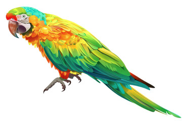 Fototapeta premium Brightly colored parrot with vivid plumage of green, yellow, and orange, isolated on a white background and transparent background in a vibrant, detailed illustration.