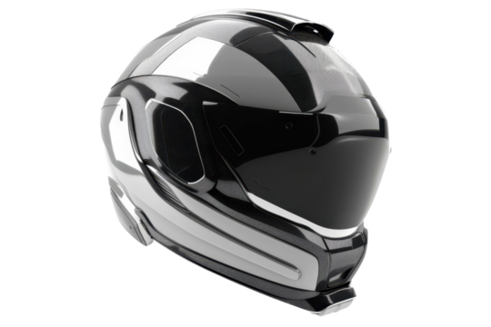 High-tech black and white motorcycle helmet with reflective visor, isolated on a white background and transparent background. Ideal for safety gear and biking use.,transparent, png