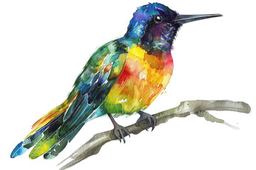 Fototapeta premium Vibrantly colored watercolor painting of a bird perched on a branch, showcasing artistic detail and vivid hues.