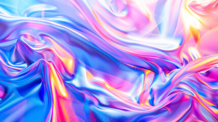 Fototapeta premium Iridescent fabric holographic background. Shiny texture in vibrant blue, pink, and gold colors with folds and irregularities.