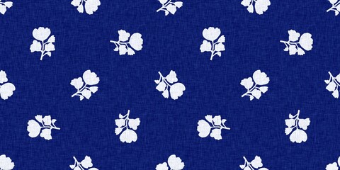 Indigo denim blue leaf motif seamless border. Japanese dye batik fabric style effect print banner swatch. 