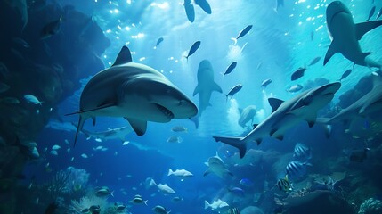 Fototapeta premium Gazing thru the glass panel of a giant aquarium in Pingtung Taiwan tourists get amazed by the scene of huge sharks swimming among the beautiful marine fish in the mysterious under wate : Generative AI