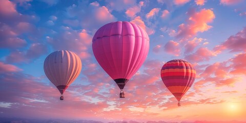 Obraz premium Bright balloons in the sky, sunrise glow, pastel colors, high definition, serene and beautiful, floating gracefully, tranquil morning
