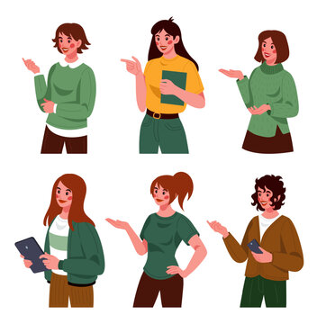 Woman portrait. Girl showing with hand. Pointing gesture. Ecological energy. Confident employee explaining or presenting project. Smiling young female with smartphone and tablet. Vector people set