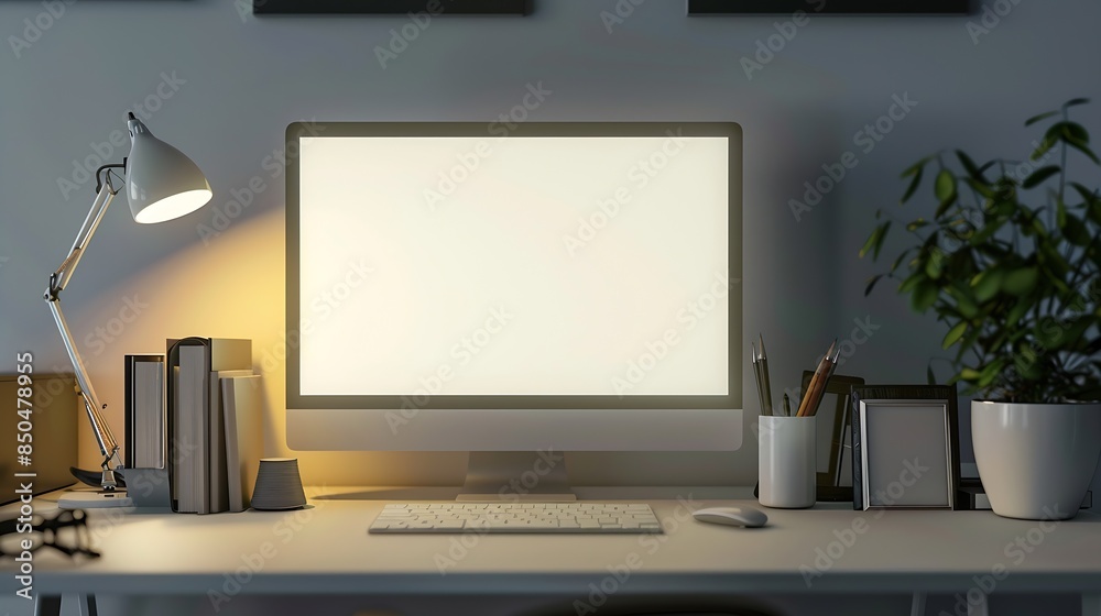 Aufkleber blank silver picture frame at the desk with clipping path : generative ai