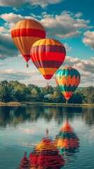 Fototapeta premium Bright balloons in the sky, over a calm lake, reflections on water, high definition, vibrant and serene, floating gently, peaceful scenery