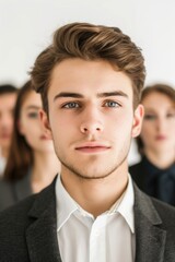Fototapeta premium Professional standing among peers, possibly in a meeting or conference setting