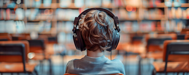 Child sitting in classroom in headphones and listening music. Studying, teaching and creating of a melody concept.