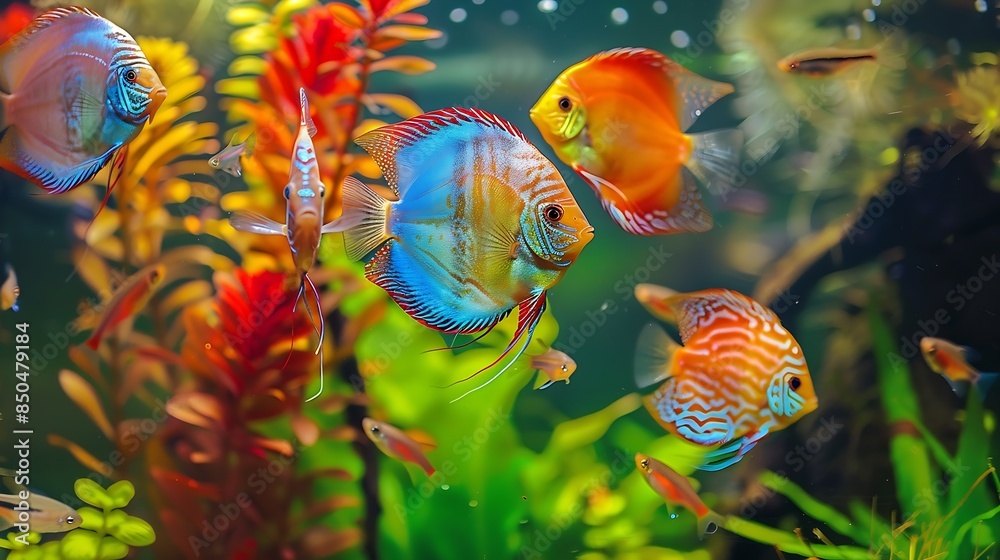 Wall mural vibrant planted aquarium with schooling of tropical fish such as wild discus altum angelfish and sma