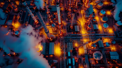 Obraz premium Beleuchtete Industrieanalge von Oben, zahlreiche Rohrleitungen, aus denen Rauch aufsteigt