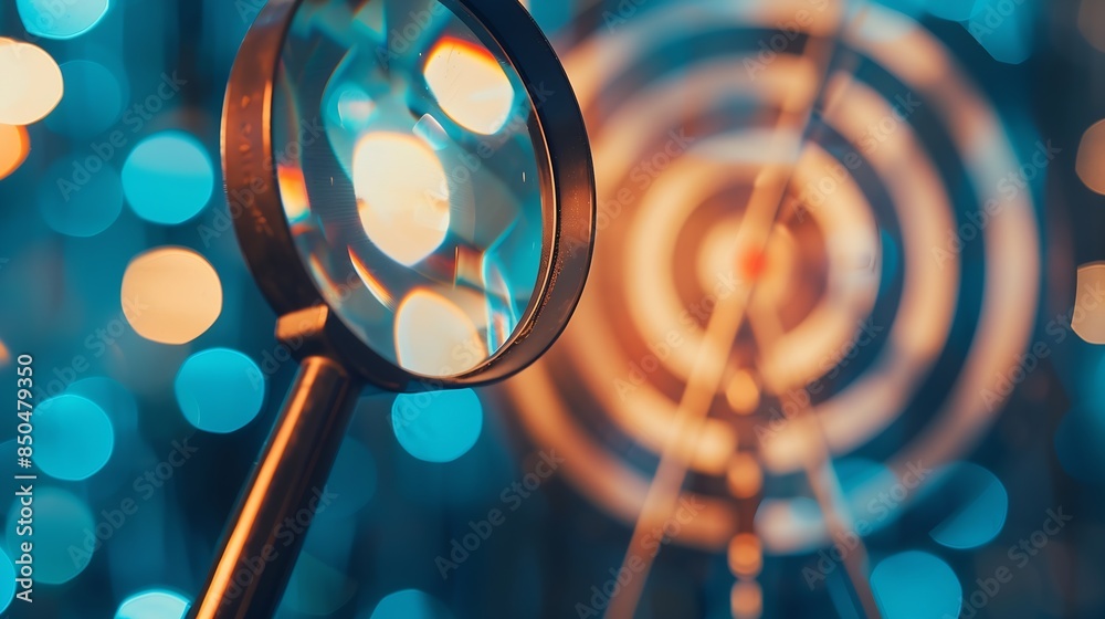 Aufkleber target board inside of magnifier glass for focus business objective achievement concept on blue back