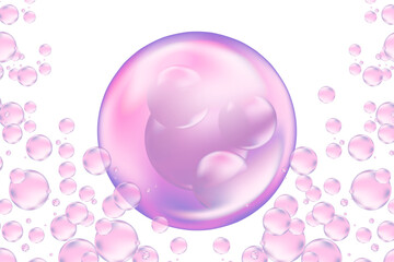 Light violet, light purple liquid soap bubbles or particle circles, floating over a transparent background. Elegant glowing composition for cosmetology, beauty science, skin care molecular concept.