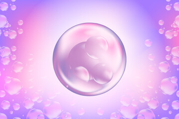 Light violet, light purple liquid soap bubbles or particle circles, floating over a transparent background. Elegant glowing composition cosmetology, beauty science, skin care molecule.