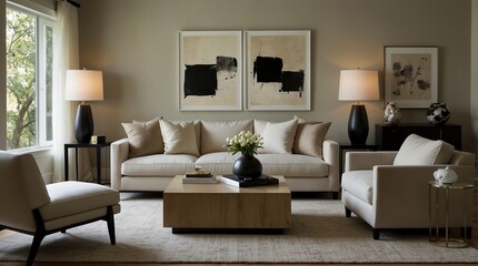 Fototapeta premium Minimalist Elegance in the Living Room Neutral Color Palette and Simple Sophistication
