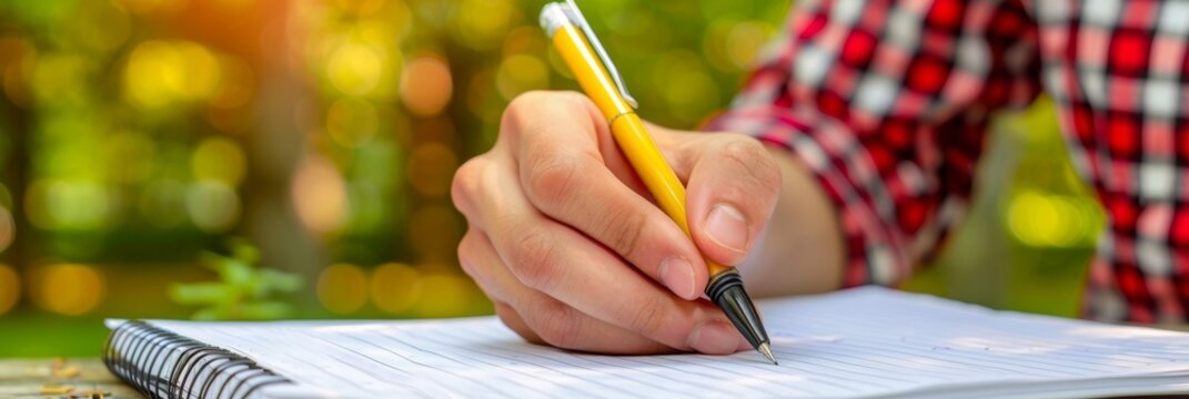 Young man focused on writing notes diligently while working and studying for optimal productivity