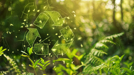 Fototapeta premium The circular economy icon on nature background in The concept circular economy for future growth of business and design to reuse and renewable material resources and environment sustainable