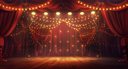 Red Stage Curtains With String Lights and Wooden Floor