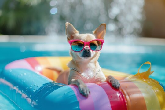 cute chihuahua dog in sunglasses relaxing at pool on rainbow color inflatable float in summer closeup