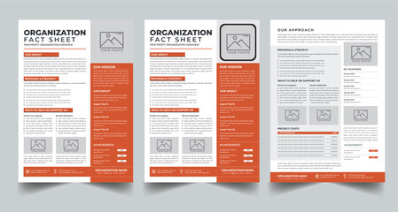 Nonprofit Organization Fact Sheet layout design template with 3 style design concept	