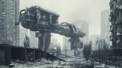 Snow-covered dystopian city with towering brutalist architecture and elevated structures