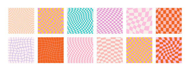 Groovy checkered patterns, vintage aesthetic backgrounds, psychedelic checkerboard texture. Funky hippie fashion textile print, retro background with distorted grid vector pattern set. Bright colors