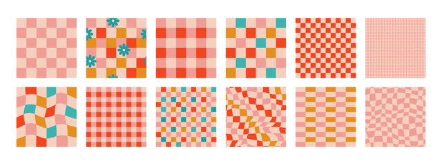 Cute retro vintage Christmas tree Checkerboard Y2K seamless pattern vector backgrounds. Abstract festive red and gold texture wallpaper with Xmas tree icon silhouette, modern trendy textile designs