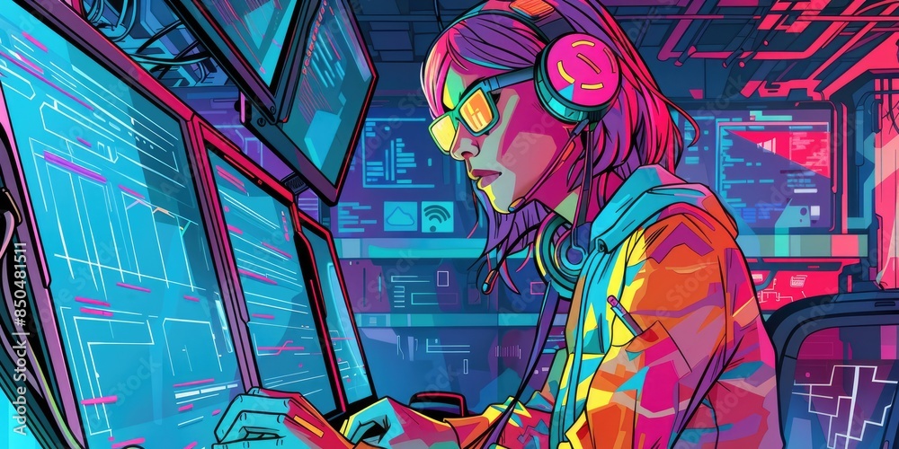 Wall mural Female Hacker Working on Dual Monitors