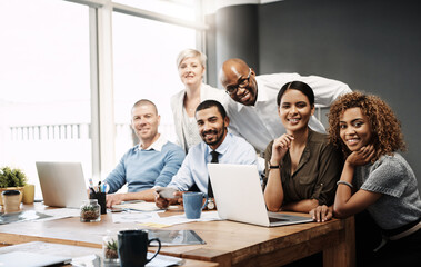 Fototapeta premium Business people, teamwork and portrait with meeting in office for financial planning, company sales and data analysis. Collaboration, auditing staff and happy with tech, paperwork and brainstorming