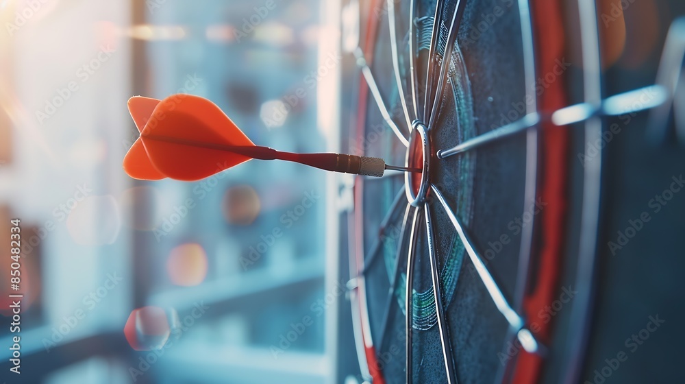 Poster Businessman throwing red arrow dart to virtual target dart board Setup objectives and target for business investment concept : Generative AI