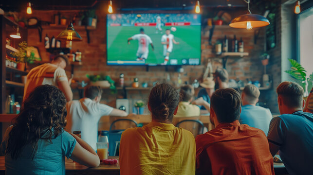 A fan drinking beer in a bar watches a football game on TV.