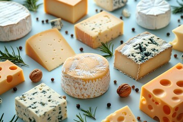 An enticing display of assorted cheeses arranged in an isometric pattern on a blue background.