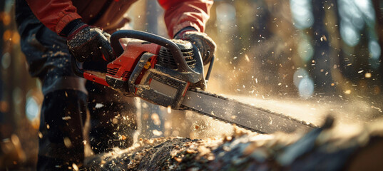 Person Cutting Log With Chainsaw in Autumn Forest