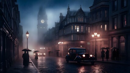 Obraz premium 90's london strrets in rainy nights