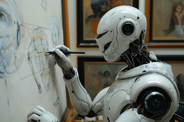 White robot drawing on canvas in a studio