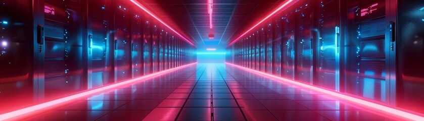 Futuristic data center corridor, illuminated by neon lights and holographic displays, sleek reflective surfaces, conveying advanced technology and innovation