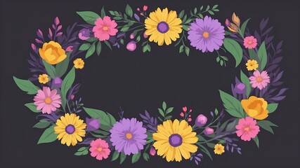 A colorful floral wreath with pink, purple, and yellow flowers and green leaves.
