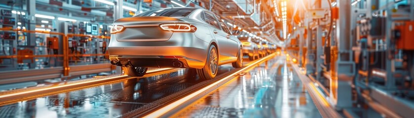 Hightech automobile production line, with automated systems and polished vehicles, illustrating cuttingedge manufacturing technology