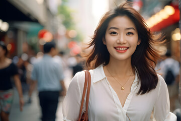 A woman is walking down a street with a brown purse