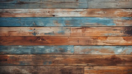 Fototapeta premium Aged and weathered wooden planks painted in vibrant blue, turquoise, and brown hues showcasing texture and patterns