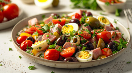 Dynamic Nicoise Salad: Freeze Motion Front Shot with Dramatic Lighting