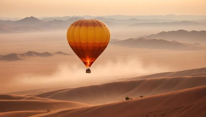 Fototapeta premium Hot air balloon floating in a clear blue sky with a golden hue with copy space background header banner design poster
