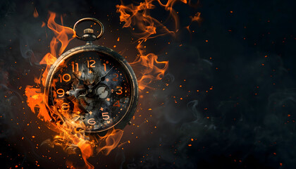 A mechanical old clock on fire. The concept of time loss