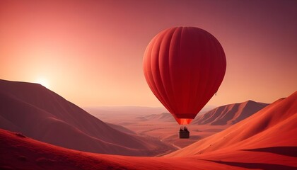 Fototapeta premium Red hot air balloon floating over a red landscape with copy space background header banner design poster