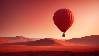 Fototapeta premium Red hot air balloon floating over a red landscape with copy space background header banner design poster
