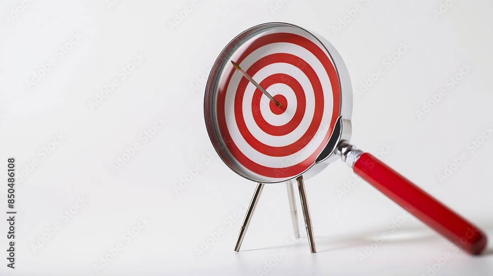 Poster Target board inside of magnifier glass for focus business objective on white background and copy space : Generative AI